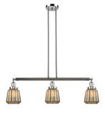 213-PC-G146 3-Light 38.75" Polished Chrome Island Light - Mercury Plated Chatham Glass - LED Bulb - Dimmensions: 38.75 x 6.25 x 10<br>Minimum Height : 22.25<br>Maximum Height : 46.25 - Sloped Ceiling Compatible: Yes