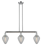 213-PC-G165 3-Light 38" Polished Chrome Island Light - Clear Crackle Geneseo Glass - LED Bulb - Dimmensions: 38 x 7 x 10<br>Minimum Height : 23<br>Maximum Height : 47 - Sloped Ceiling Compatible: Yes
