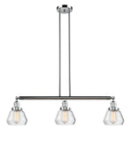 213-PC-G172 3-Light 39.25" Polished Chrome Island Light - Clear Fulton Glass - LED Bulb - Dimmensions: 39.25 x 6.75 x 10<br>Minimum Height : 19.5<br>Maximum Height : 43.5 - Sloped Ceiling Compatible: Yes