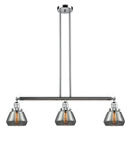 213-PC-G173 3-Light 39.25" Polished Chrome Island Light - Plated Smoke Fulton Glass - LED Bulb - Dimmensions: 39.25 x 6.75 x 10<br>Minimum Height : 19.5<br>Maximum Height : 43.5 - Sloped Ceiling Compatible: Yes