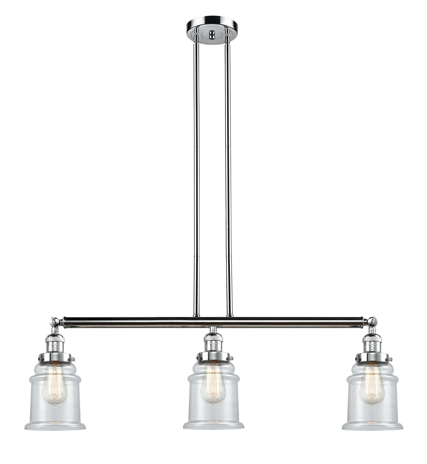 213-PC-G182 3-Light 38.5" Polished Chrome Island Light - Clear Canton Glass - LED Bulb - Dimmensions: 38.5 x 6 x 11<br>Minimum Height : 21.5<br>Maximum Height : 45.5 - Sloped Ceiling Compatible: Yes