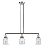 213-PC-G182 3-Light 38.5" Polished Chrome Island Light - Clear Canton Glass - LED Bulb - Dimmensions: 38.5 x 6 x 11<br>Minimum Height : 21.5<br>Maximum Height : 45.5 - Sloped Ceiling Compatible: Yes
