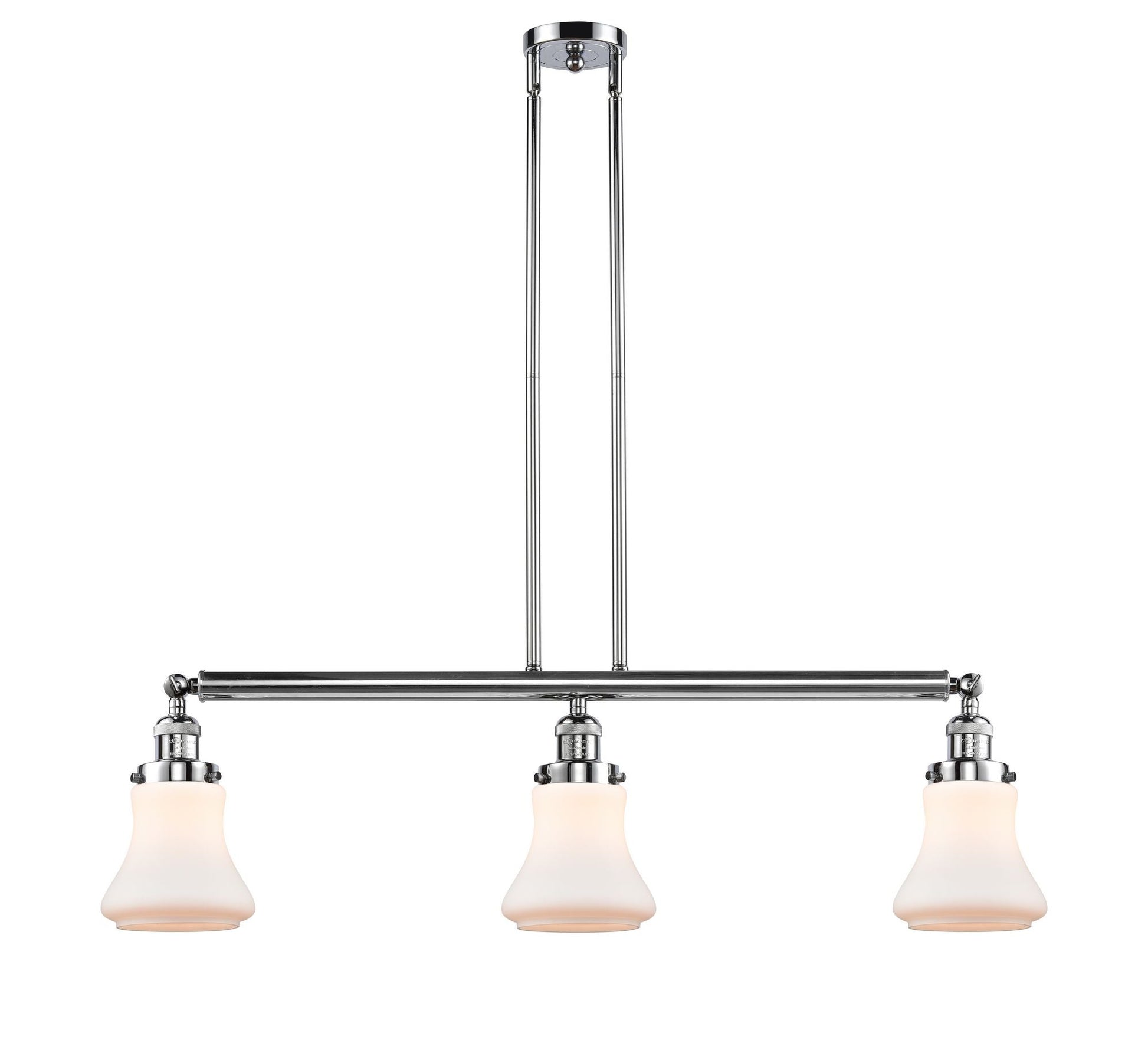 213-PC-G191 3-Light 38.75" Polished Chrome Island Light - Matte White Bellmont Glass - LED Bulb - Dimmensions: 38.75 x 6.25 x 11<br>Minimum Height : 20.5<br>Maximum Height : 44.5 - Sloped Ceiling Compatible: Yes
