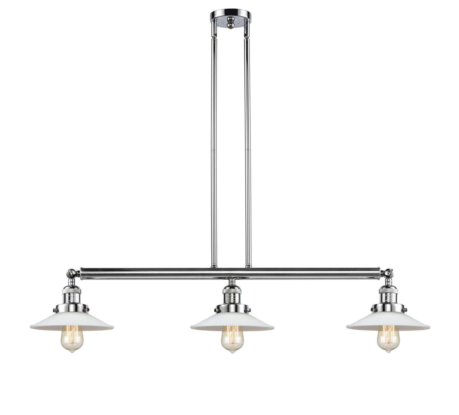 213-PC-G1 3-Light 41" Polished Chrome Island Light - White Halophane Glass - LED Bulb - Dimmensions: 41 x 8.5 x 8<br>Minimum Height : 16.25<br>Maximum Height : 40.25 - Sloped Ceiling Compatible: Yes