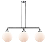 213-PC-G201-10 3-Light 42" Polished Chrome Island Light - Matte White Cased Beacon Glass - LED Bulb - Dimmensions: 42 x 10 x 14<br>Minimum Height : 24<br>Maximum Height : 48 - Sloped Ceiling Compatible: Yes