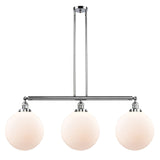 213-PC-G201-12 3-Light 44" Polished Chrome Island Light - Matte White Cased Beacon Glass - LED Bulb - Dimmensions: 44 x 12 x 16<br>Minimum Height : 26<br>Maximum Height : 50 - Sloped Ceiling Compatible: Yes