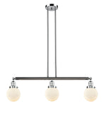 213-PC-G201-6 3-Light 38.5" Polished Chrome Island Light - Matte White Cased Beacon Glass - LED Bulb - Dimmensions: 38.5 x 6 x 10.875<br>Minimum Height : 20<br>Maximum Height : 44 - Sloped Ceiling Compatible: Yes
