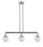 213-PC-G202-6 3-Light 38.5" Polished Chrome Island Light - Clear Beacon Glass - LED Bulb - Dimmensions: 38.5 x 6 x 10.875<br>Minimum Height : 20<br>Maximum Height : 44 - Sloped Ceiling Compatible: Yes