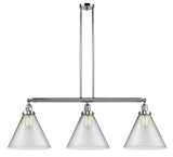 213-PC-G42-L 3-Light 44" Polished Chrome Island Light - Clear Cone 12" Glass - LED Bulb - Dimmensions: 44 x 12 x 16<br>Minimum Height : 24.25<br>Maximum Height : 48.25 - Sloped Ceiling Compatible: Yes