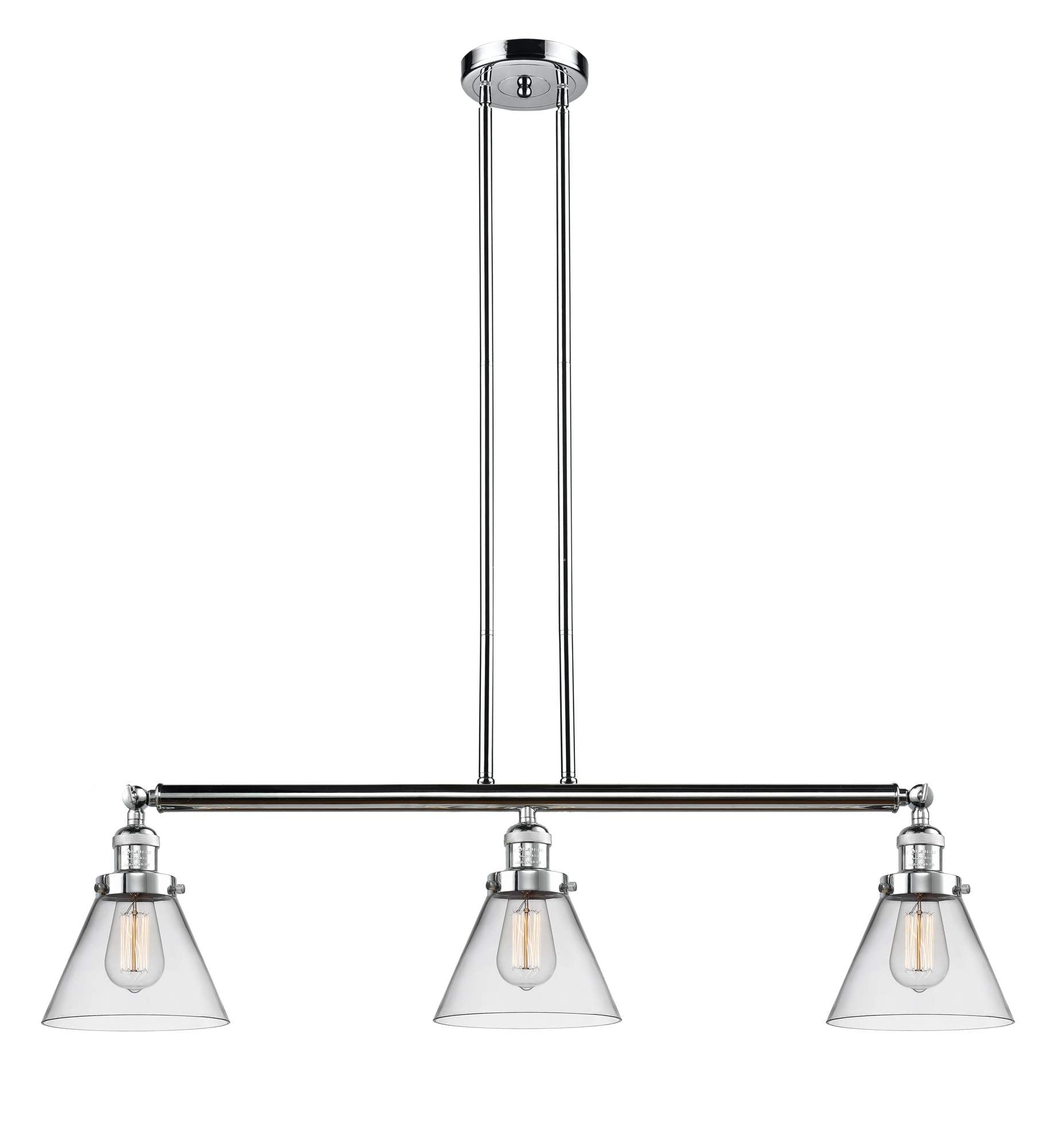 213-PC-G42 3-Light 40.25" Polished Chrome Island Light - Clear Large Cone Glass - LED Bulb - Dimmensions: 40.25 x 7.75 x 10<br>Minimum Height : 20.25<br>Maximum Height : 44.25 - Sloped Ceiling Compatible: Yes