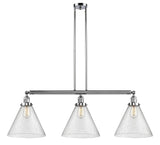 213-PC-G44-L 3-Light 44" Polished Chrome Island Light - Seedy Cone 12" Glass - LED Bulb - Dimmensions: 44 x 12 x 16<br>Minimum Height : 24.25<br>Maximum Height : 48.25 - Sloped Ceiling Compatible: Yes