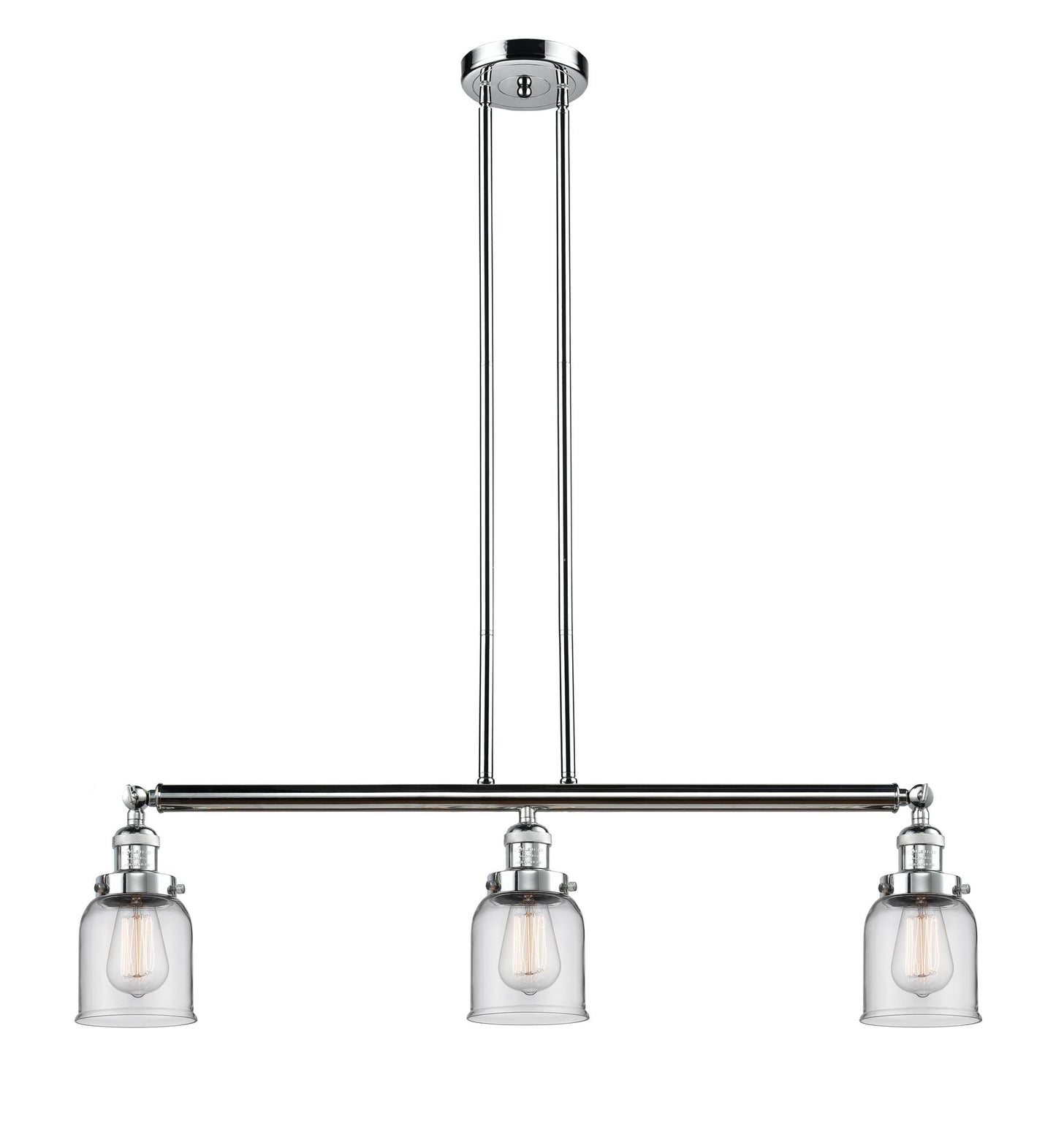 213-PC-G52 3-Light 37.5" Polished Chrome Island Light - Clear Small Bell Glass - LED Bulb - Dimmensions: 37.5 x 5 x 10<br>Minimum Height : 20<br>Maximum Height : 44 - Sloped Ceiling Compatible: Yes