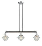 213-PC-G534 3-Light 40" Polished Chrome Island Light - Seedy Small Oxford Glass - LED Bulb - Dimmensions: 40 x 7.5 x 10<br>Minimum Height : 20<br>Maximum Height : 44 - Sloped Ceiling Compatible: Yes
