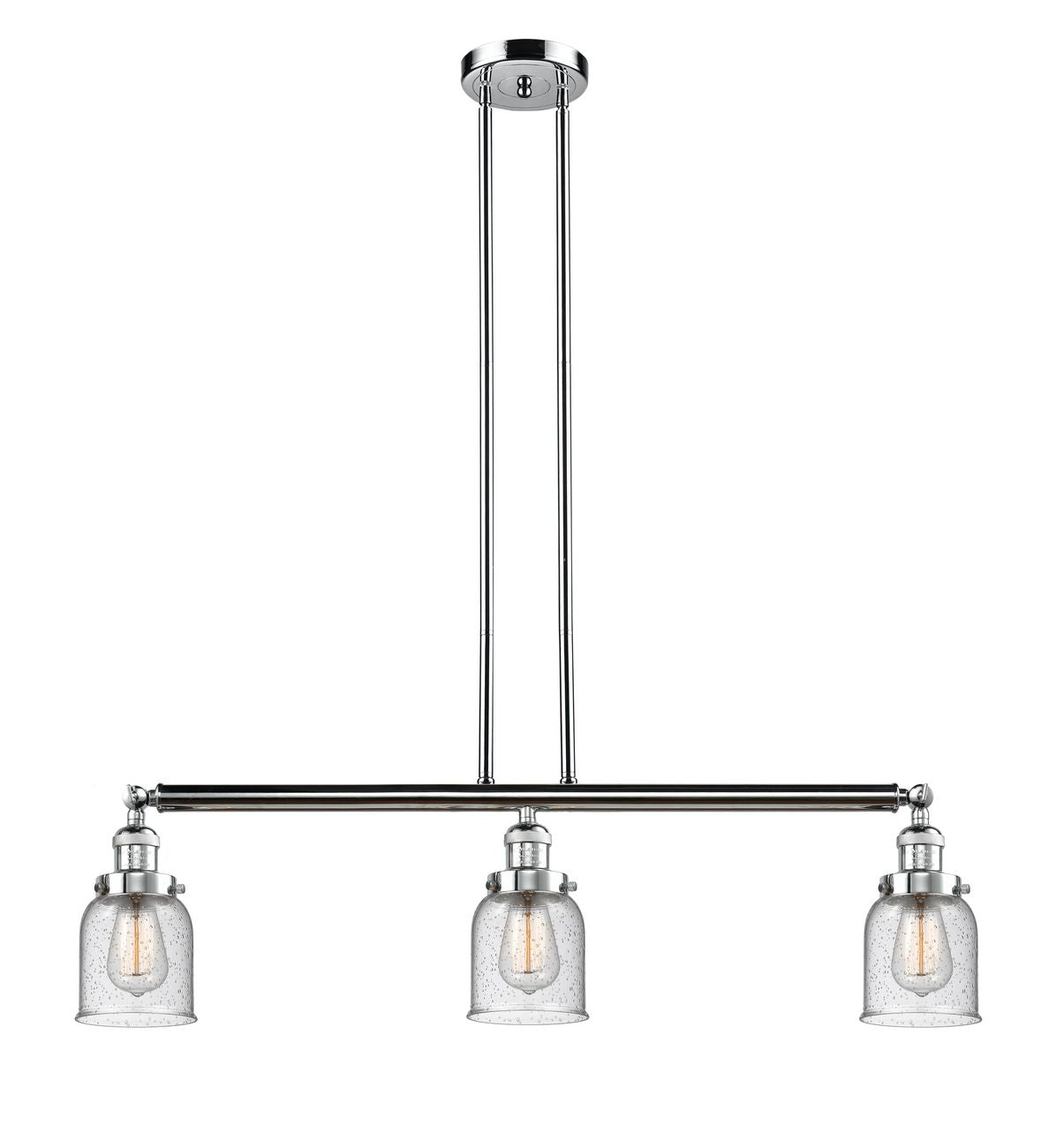213-PC-G54 3-Light 37.5" Polished Chrome Island Light - Seedy Small Bell Glass - LED Bulb - Dimmensions: 37.5 x 7.5 x 10<br>Minimum Height : 20<br>Maximum Height : 44 - Sloped Ceiling Compatible: Yes