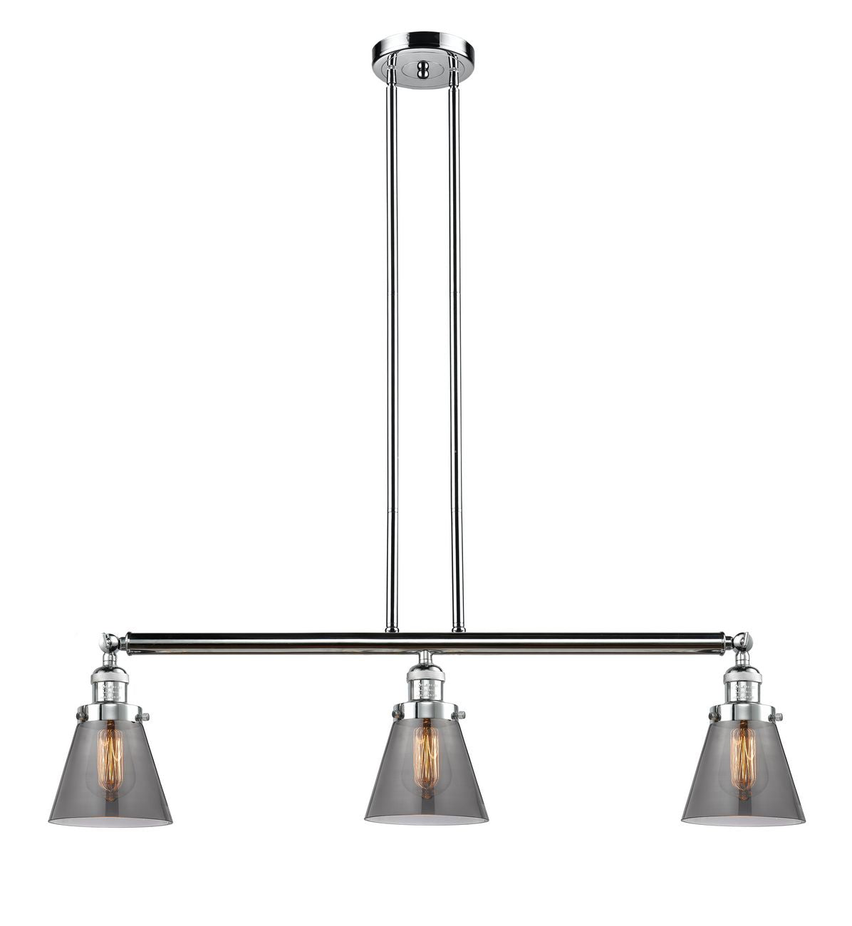 213-PC-G63 3-Light 38.75" Polished Chrome Island Light - Plated Smoke Small Cone Glass - LED Bulb - Dimmensions: 38.75 x 6 x 10<br>Minimum Height : 20<br>Maximum Height : 44 - Sloped Ceiling Compatible: Yes