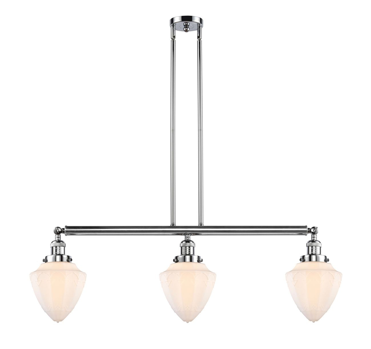213-PC-G661-7 3-Light 38" Polished Chrome Island Light - Matte White Cased Small Bullet Glass - LED Bulb - Dimmensions: 38 x 7 x 15.25<br>Minimum Height : 24.25<br>Maximum Height : 48.25 - Sloped Ceiling Compatible: Yes