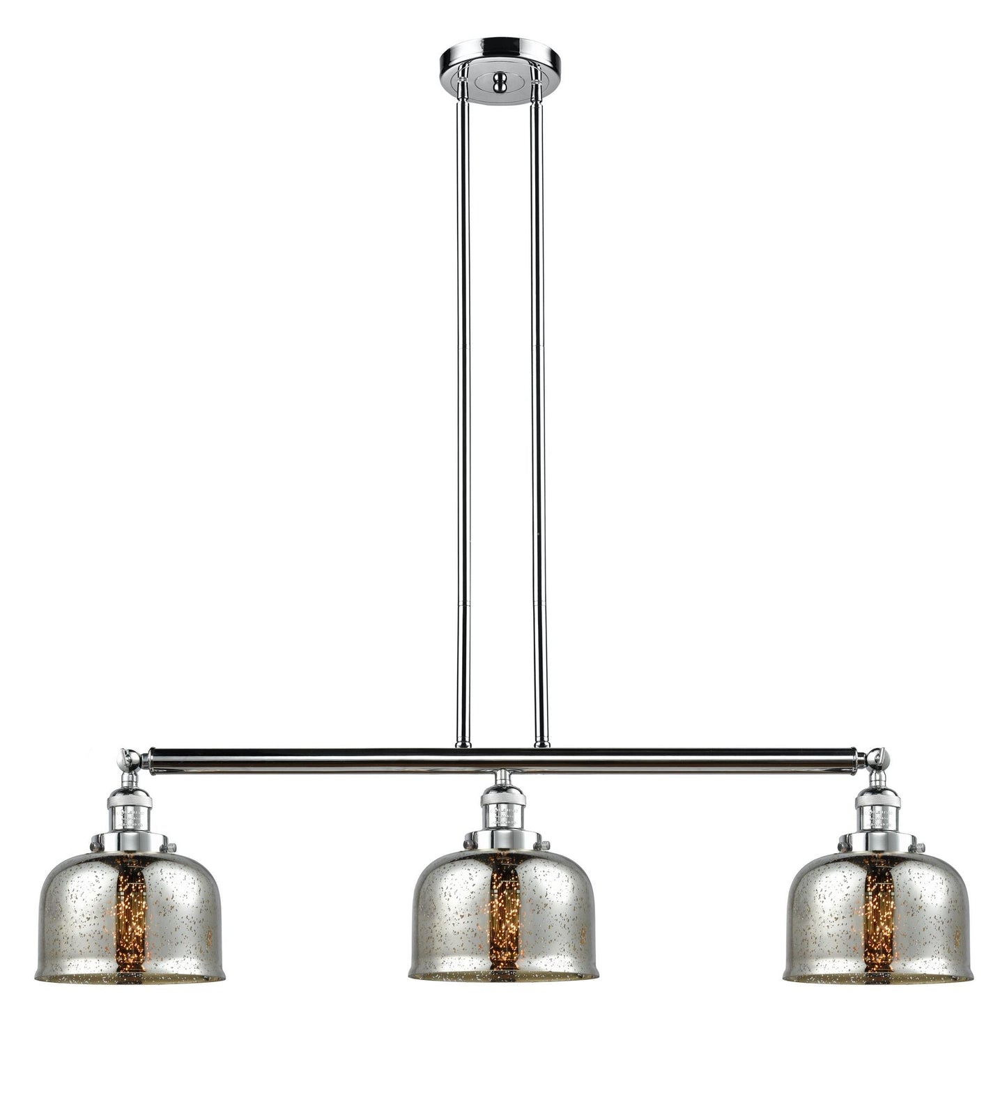 213-PC-G78 3-Light 40.5" Polished Chrome Island Light - Silver Plated Mercury Large Bell Glass - LED Bulb - Dimmensions: 40.5 x 8 x 13<br>Minimum Height : 20<br>Maximum Height : 44 - Sloped Ceiling Compatible: Yes