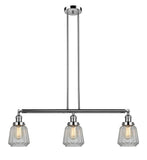 213-PN-G142 3-Light 38.75" Polished Nickel Island Light - Clear Chatham Glass - LED Bulb - Dimmensions: 38.75 x 6.25 x 10<br>Minimum Height : 21<br>Maximum Height : 45 - Sloped Ceiling Compatible: Yes