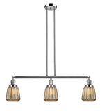 213-PN-G146 3-Light 38.75" Polished Nickel Island Light - Mercury Plated Chatham Glass - LED Bulb - Dimmensions: 38.75 x 6.25 x 10<br>Minimum Height : 22.25<br>Maximum Height : 46.25 - Sloped Ceiling Compatible: Yes