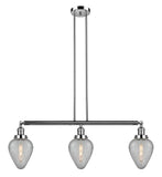 213-PN-G165 3-Light 38" Polished Nickel Island Light - Clear Crackle Geneseo Glass - LED Bulb - Dimmensions: 38 x 7 x 10<br>Minimum Height : 23<br>Maximum Height : 47 - Sloped Ceiling Compatible: Yes