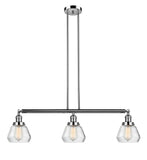 213-PN-G172 3-Light 39.25" Polished Nickel Island Light - Clear Fulton Glass - LED Bulb - Dimmensions: 39.25 x 6.75 x 10<br>Minimum Height : 19.5<br>Maximum Height : 43.5 - Sloped Ceiling Compatible: Yes