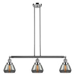 213-PN-G173 3-Light 39.25" Polished Nickel Island Light - Plated Smoke Fulton Glass - LED Bulb - Dimmensions: 39.25 x 6.75 x 10<br>Minimum Height : 19.5<br>Maximum Height : 43.5 - Sloped Ceiling Compatible: Yes