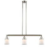 213-PN-G181S 3-Light 38.5" Polished Nickel Island Light - Matte White Small Canton Glass - LED Bulb - Dimmensions: 38.5 x 6 x 11<br>Minimum Height : 19.75<br>Maximum Height : 43.75 - Sloped Ceiling Compatible: Yes