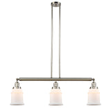 213-PN-G181 3-Light 38.5" Polished Nickel Island Light - Matte White Canton Glass - LED Bulb - Dimmensions: 38.5 x 6 x 11<br>Minimum Height : 21.5<br>Maximum Height : 45.5 - Sloped Ceiling Compatible: Yes