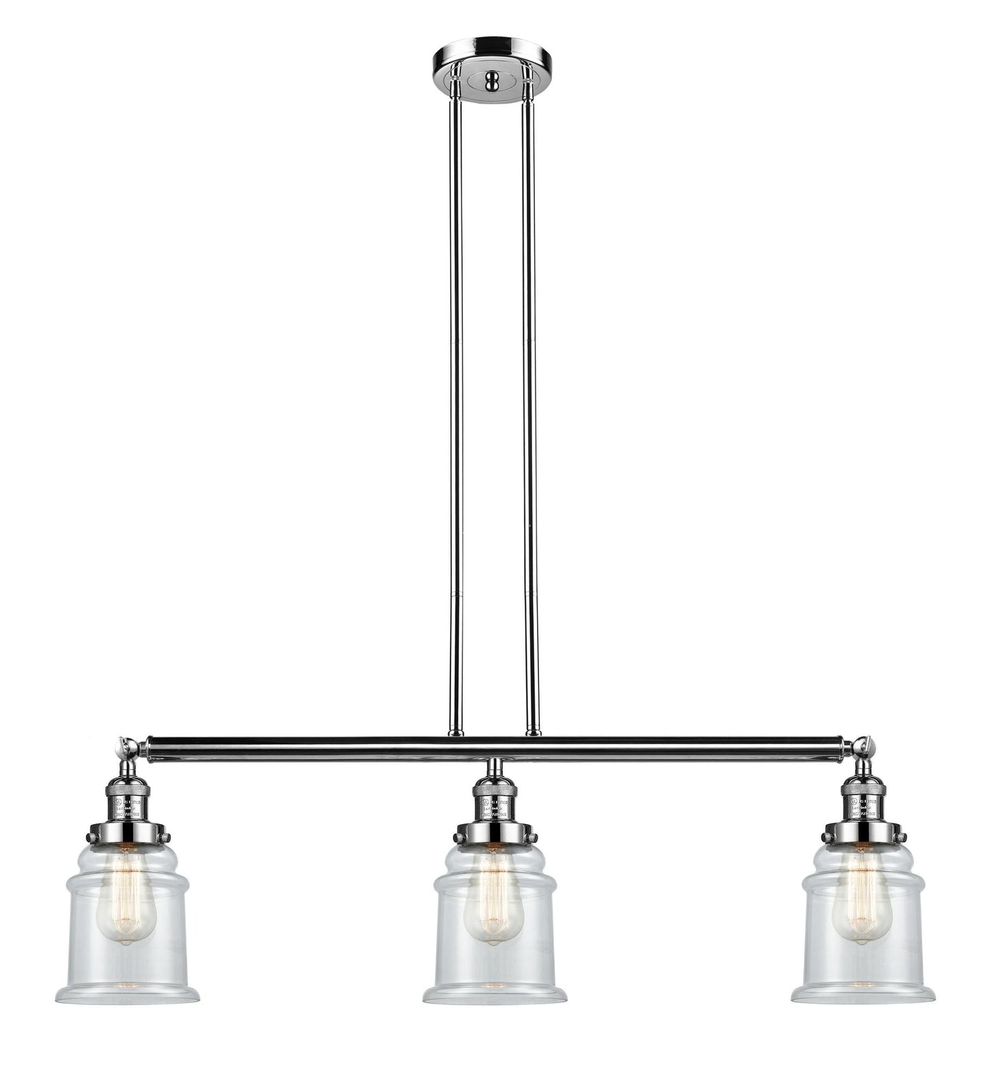 213-PN-G182 3-Light 38.5" Polished Nickel Island Light - Clear Canton Glass - LED Bulb - Dimmensions: 38.5 x 6 x 11<br>Minimum Height : 21.5<br>Maximum Height : 45.5 - Sloped Ceiling Compatible: Yes