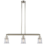 213-PN-G182S 3-Light 38.5" Polished Nickel Island Light - Clear Small Canton Glass - LED Bulb - Dimmensions: 38.5 x 6 x 11<br>Minimum Height : 19.75<br>Maximum Height : 43.75 - Sloped Ceiling Compatible: Yes