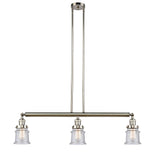 213-PN-G184S 3-Light 38.5" Polished Nickel Island Light - Seedy Small Canton Glass - LED Bulb - Dimmensions: 38.5 x 6 x 11<br>Minimum Height : 19.75<br>Maximum Height : 43.75 - Sloped Ceiling Compatible: Yes
