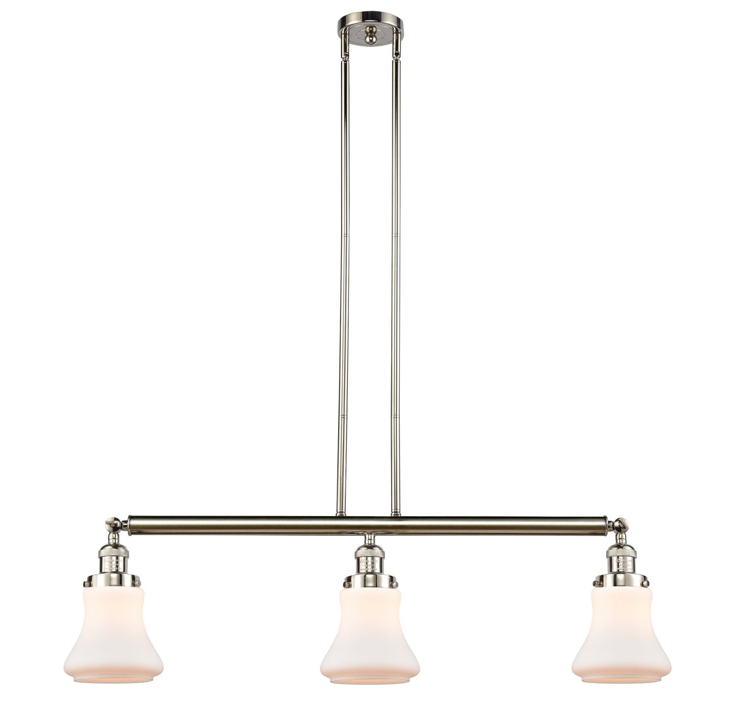 213-PN-G191 3-Light 38.75" Polished Nickel Island Light - Matte White Bellmont Glass - LED Bulb - Dimmensions: 38.75 x 6.25 x 11<br>Minimum Height : 20.5<br>Maximum Height : 44.5 - Sloped Ceiling Compatible: Yes