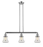 213-PN-G192 3-Light 38.75" Polished Nickel Island Light - Clear Bellmont Glass - LED Bulb - Dimmensions: 38.75 x 6.25 x 11<br>Minimum Height : 20.5<br>Maximum Height : 44.5 - Sloped Ceiling Compatible: Yes