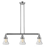 213-PN-G194 3-Light 38.75" Polished Nickel Island Light - Seedy Bellmont Glass - LED Bulb - Dimmensions: 38.75 x 6.25 x 11<br>Minimum Height : 20.5<br>Maximum Height : 44.5 - Sloped Ceiling Compatible: Yes