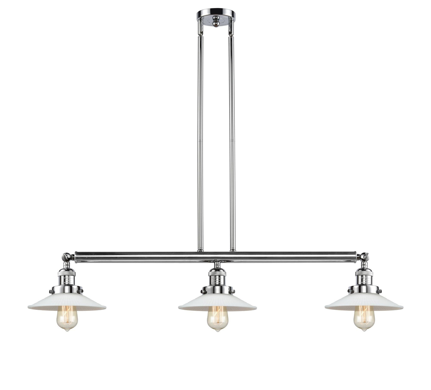 213-PN-G1 3-Light 41" Polished Nickel Island Light - White Halophane Glass - LED Bulb - Dimmensions: 41 x 8.5 x 8<br>Minimum Height : 16.25<br>Maximum Height : 40.25 - Sloped Ceiling Compatible: Yes