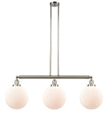 213-PN-G201-10 3-Light 42" Polished Nickel Island Light - Matte White Cased Beacon Glass - LED Bulb - Dimmensions: 42 x 10 x 14<br>Minimum Height : 24<br>Maximum Height : 48 - Sloped Ceiling Compatible: Yes