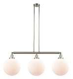 213-PN-G201-12 3-Light 44" Polished Nickel Island Light - Matte White Cased Beacon Glass - LED Bulb - Dimmensions: 44 x 12 x 16<br>Minimum Height : 26<br>Maximum Height : 50 - Sloped Ceiling Compatible: Yes