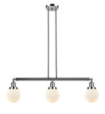 213-PN-G201-6 3-Light 38.5" Polished Nickel Island Light - Matte White Cased Beacon Glass - LED Bulb - Dimmensions: 38.5 x 6 x 10.875<br>Minimum Height : 20<br>Maximum Height : 44 - Sloped Ceiling Compatible: Yes