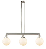 213-PN-G201-8 3-Light 40.5" Polished Nickel Island Light - Matte White Cased Beacon Glass - LED Bulb - Dimmensions: 40.5 x 8 x 12.875<br>Minimum Height : 22<br>Maximum Height : 46 - Sloped Ceiling Compatible: Yes