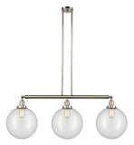 213-PN-G202-12 3-Light 44" Polished Nickel Island Light - Clear Beacon Glass - LED Bulb - Dimmensions: 44 x 12 x 16<br>Minimum Height : 26<br>Maximum Height : 50 - Sloped Ceiling Compatible: Yes