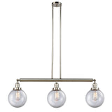 213-PN-G202-8 3-Light 40.5" Polished Nickel Island Light - Clear Beacon Glass - LED Bulb - Dimmensions: 40.5 x 8 x 12.875<br>Minimum Height : 22<br>Maximum Height : 46 - Sloped Ceiling Compatible: Yes