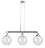 213-PN-G204-10 3-Light 42" Polished Nickel Island Light - Seedy Beacon Glass - LED Bulb - Dimmensions: 42 x 10 x 14<br>Minimum Height : 24<br>Maximum Height : 48 - Sloped Ceiling Compatible: Yes