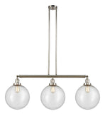 213-PN-G204-12 3-Light 44" Polished Nickel Island Light - Seedy Beacon Glass - LED Bulb - Dimmensions: 44 x 12 x 16<br>Minimum Height : 26<br>Maximum Height : 50 - Sloped Ceiling Compatible: Yes