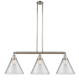 213-PN-G42-L 3-Light 44" Polished Nickel Island Light - Clear Cone 12" Glass - LED Bulb - Dimmensions: 44 x 12 x 16<br>Minimum Height : 24.25<br>Maximum Height : 48.25 - Sloped Ceiling Compatible: Yes