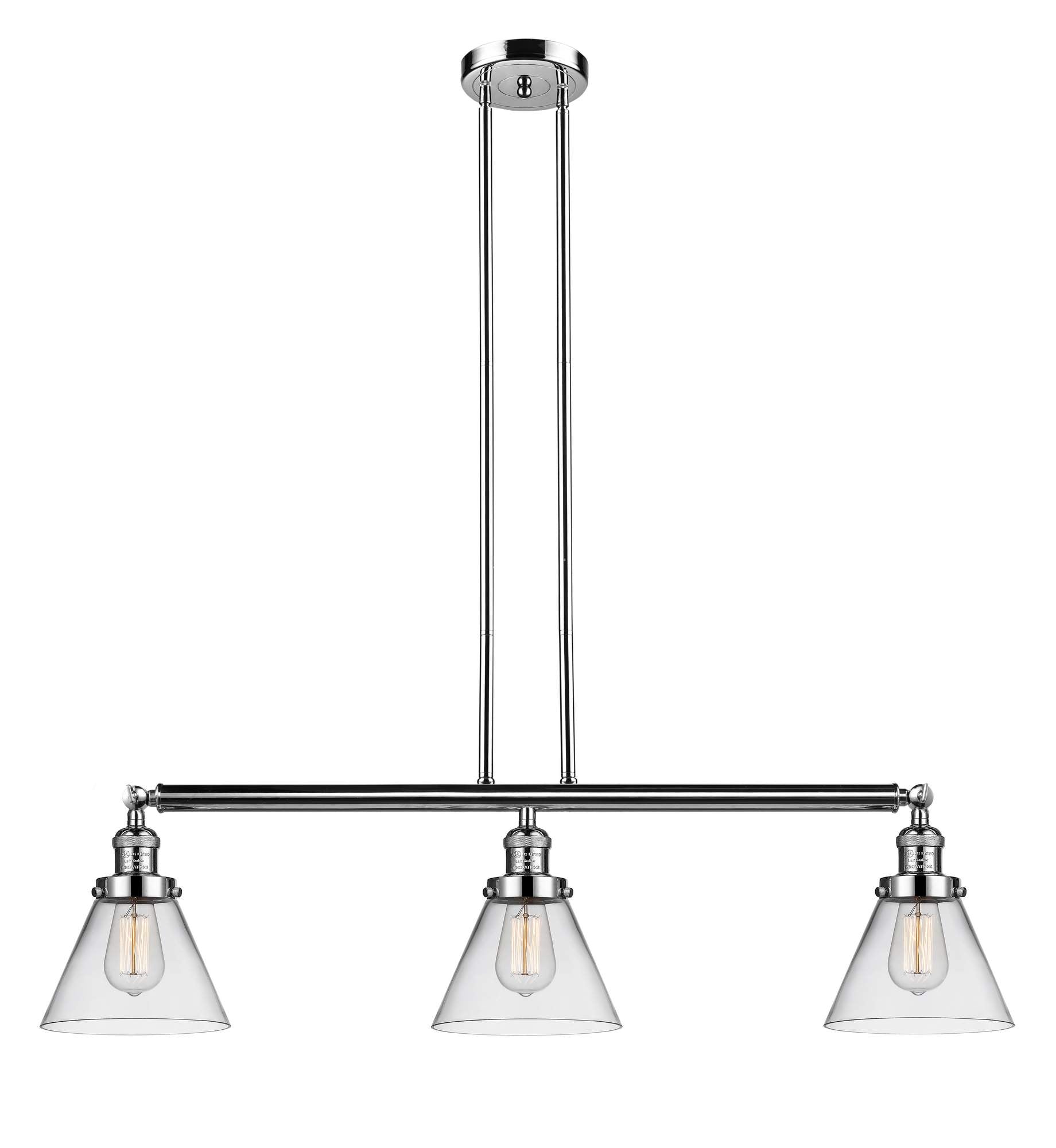 213-PN-G42 3-Light 40.25" Polished Nickel Island Light - Clear Large Cone Glass - LED Bulb - Dimmensions: 40.25 x 7.75 x 10<br>Minimum Height : 20.25<br>Maximum Height : 44.25 - Sloped Ceiling Compatible: Yes