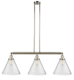 213-PN-G44-L 3-Light 44" Polished Nickel Island Light - Seedy Cone 12" Glass - LED Bulb - Dimmensions: 44 x 12 x 16<br>Minimum Height : 24.25<br>Maximum Height : 48.25 - Sloped Ceiling Compatible: Yes