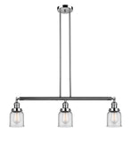 213-PN-G52 3-Light 37.5" Polished Nickel Island Light - Clear Small Bell Glass - LED Bulb - Dimmensions: 37.5 x 5 x 10<br>Minimum Height : 20<br>Maximum Height : 44 - Sloped Ceiling Compatible: Yes