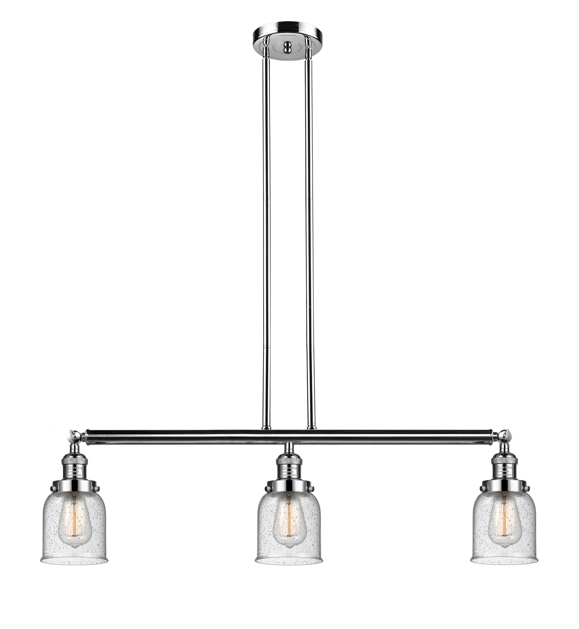 213-PN-G54 3-Light 37.5" Polished Nickel Island Light - Seedy Small Bell Glass - LED Bulb - Dimmensions: 37.5 x 7.5 x 10<br>Minimum Height : 20<br>Maximum Height : 44 - Sloped Ceiling Compatible: Yes
