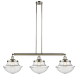 213-PN-G542 3-Light 42" Polished Nickel Island Light - Clear Large Oxford Glass - LED Bulb - Dimmensions: 42 x 12 x 12<br>Minimum Height : 22.375<br>Maximum Height : 46.375 - Sloped Ceiling Compatible: Yes