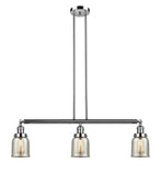 213-PN-G58 3-Light 37.5" Polished Nickel Island Light - Silver Plated Mercury Small Bell Glass - LED Bulb - Dimmensions: 37.5 x 5 x 10<br>Minimum Height : 20<br>Maximum Height : 44 - Sloped Ceiling Compatible: Yes